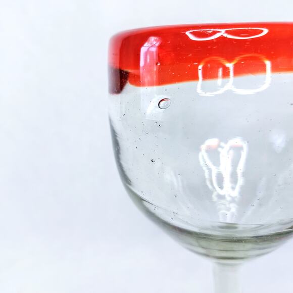 Hand Blown Mexican Wine Margarita Glasses Red Rim Set of 2 Water Goblet Balloon - Picture 12 of 12